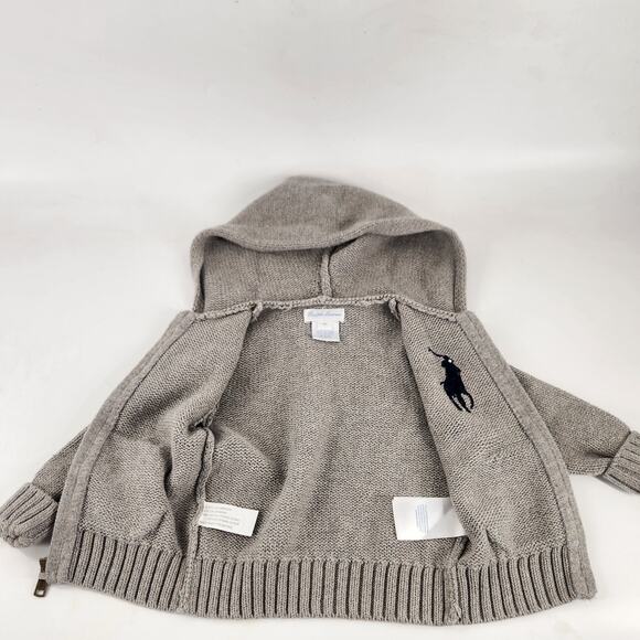 Ralph Lauren Full Zip Knit Hoodie Jumper Sweater Pony Logo Baby Boy 9M Gray Luxe - Picture 2 of 6